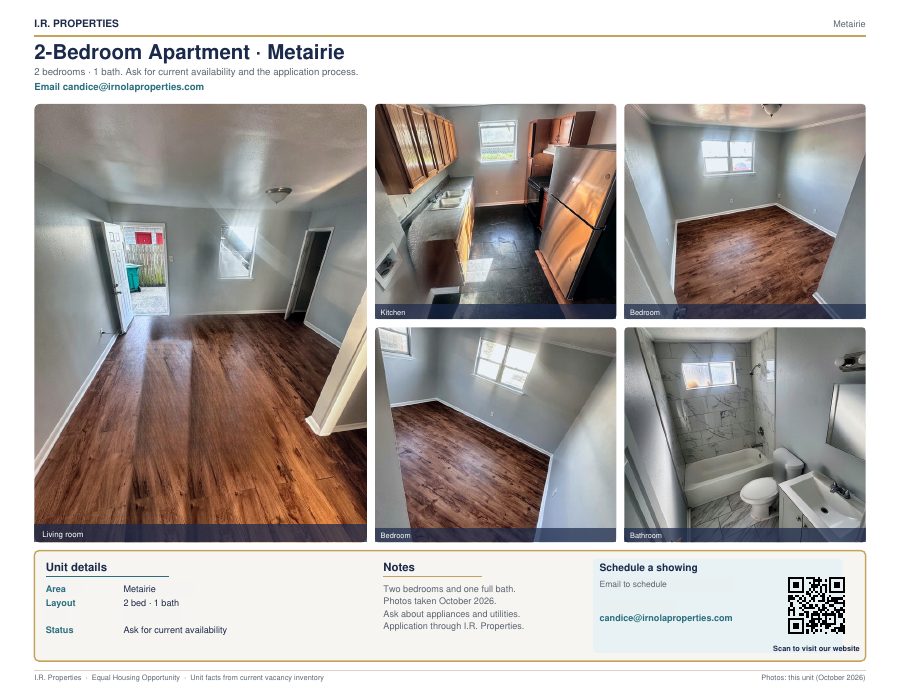 2-bedroom Metairie apartment flyer: wood-look floors, open living room, bedrooms, and white bathroom