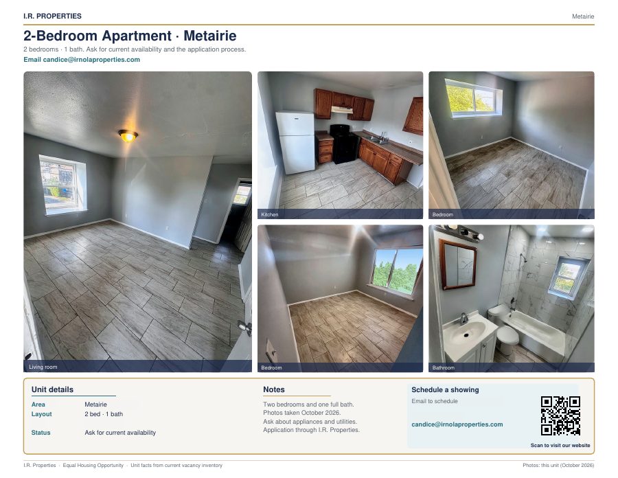 2-bedroom Metairie apartment flyer: wood cabinet kitchen, bright bedrooms, and bathroom with vanity