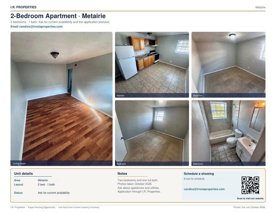 2-bedroom Metairie apartment flyer: living room with wood-look floors, kitchen, bedrooms, and bath