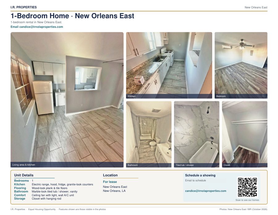1-bedroom home in New Orleans East flyer: white kitchen, gray plank floors, ceiling fan, and tiled bath
