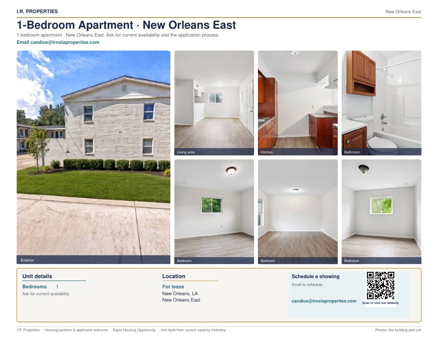 1-bedroom New Orleans East apartment flyer: two-story exterior, wood cabinet kitchen, bright bedroom