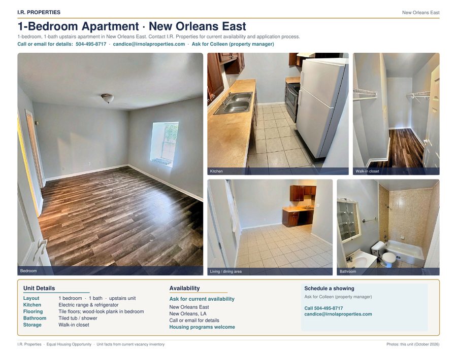 1-bedroom New Orleans East flyer: wood-look floors, kitchen with white appliances, and tiled bathroom