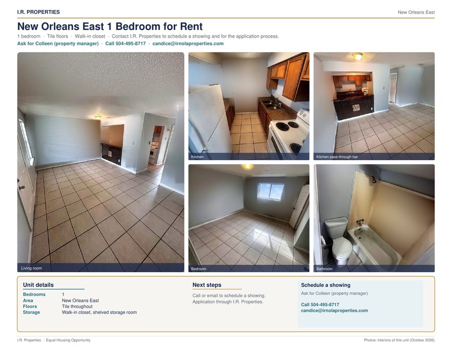 1-bedroom New Orleans East flyer: tile floors, wood cabinet kitchen, pass-through bar, bedroom, and bathroom with tub