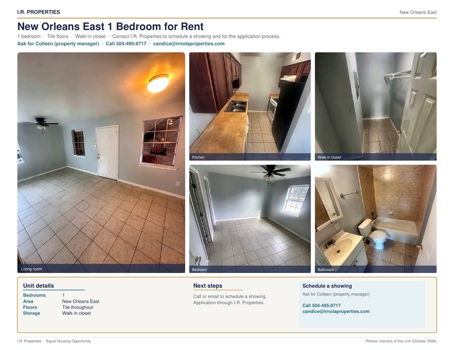1-bedroom New Orleans East flyer: tile floors, wood cabinet kitchen, bedroom with ceiling fan, and walk-in closet
