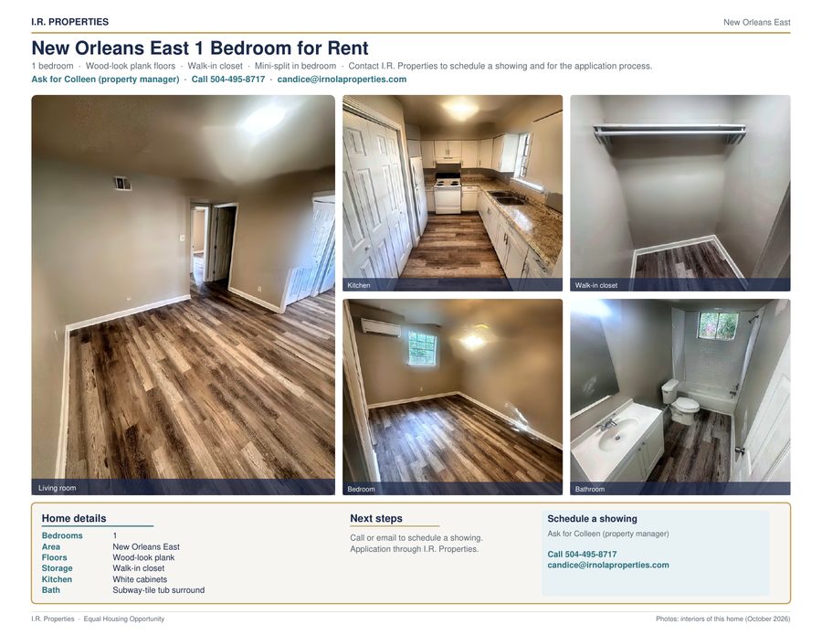 1-bedroom New Orleans East flyer: wood-look plank floors, white cabinet kitchen, bedroom, and walk-in closet