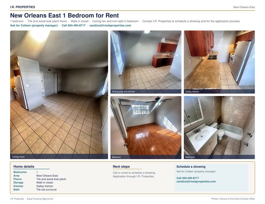1-bedroom New Orleans East flyer: tile living and dining area, wood cabinet kitchen, bedroom with wood-look floor, and bathroom with tub