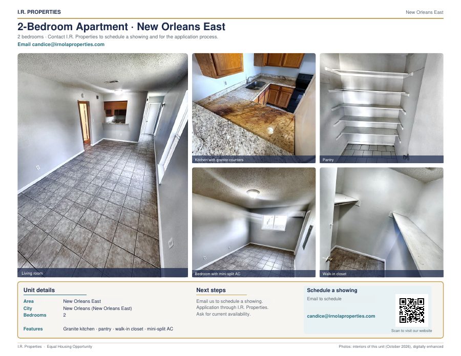 2-bedroom New Orleans East apartment flyer: tile floors, granite counters, pantry shelves, bedrooms