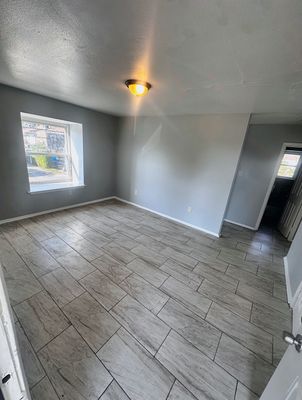 Living room with gray plank floor in a 2-bedroom Metairie home