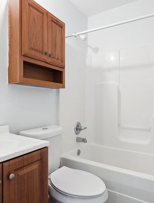 Bathroom with wood cabinet and tub in a 1-bedroom New Orleans East home